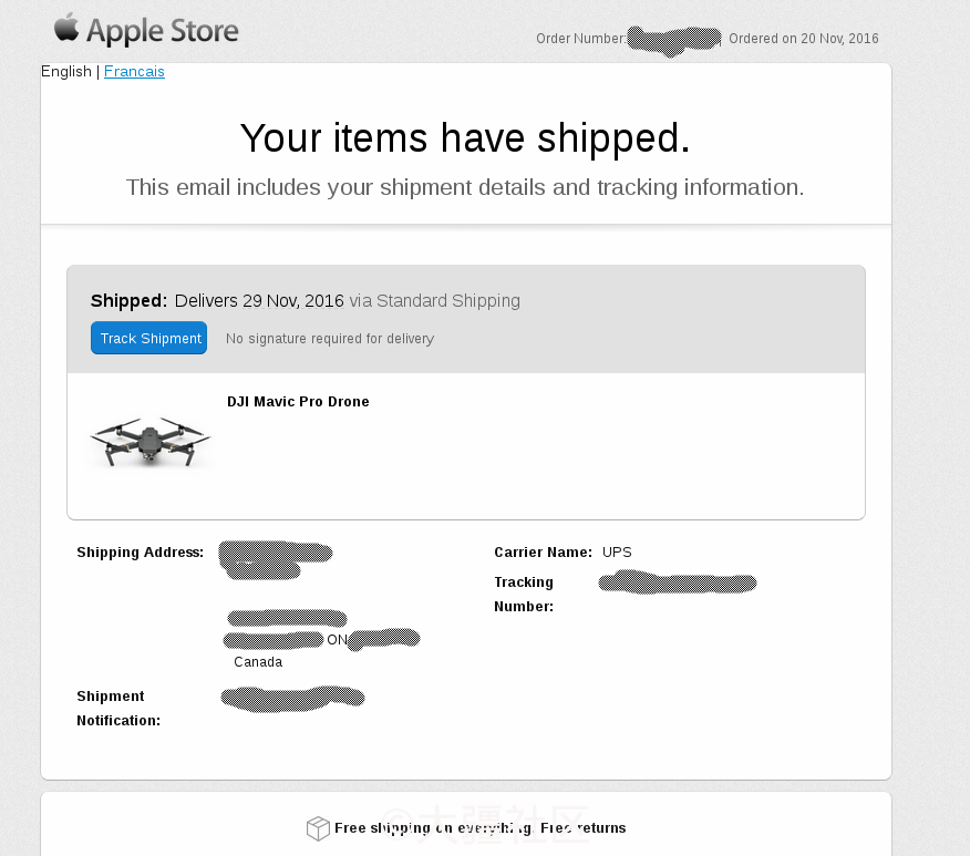 转 加拿大apple Stroe 11月号订购已发货 产品 大疆社区