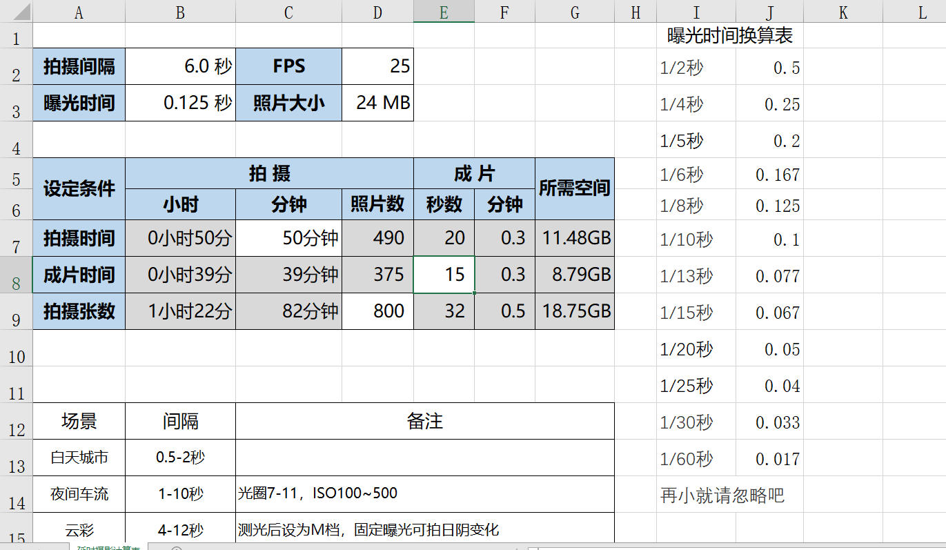 延时摄影拍摄时间计算表excel格式